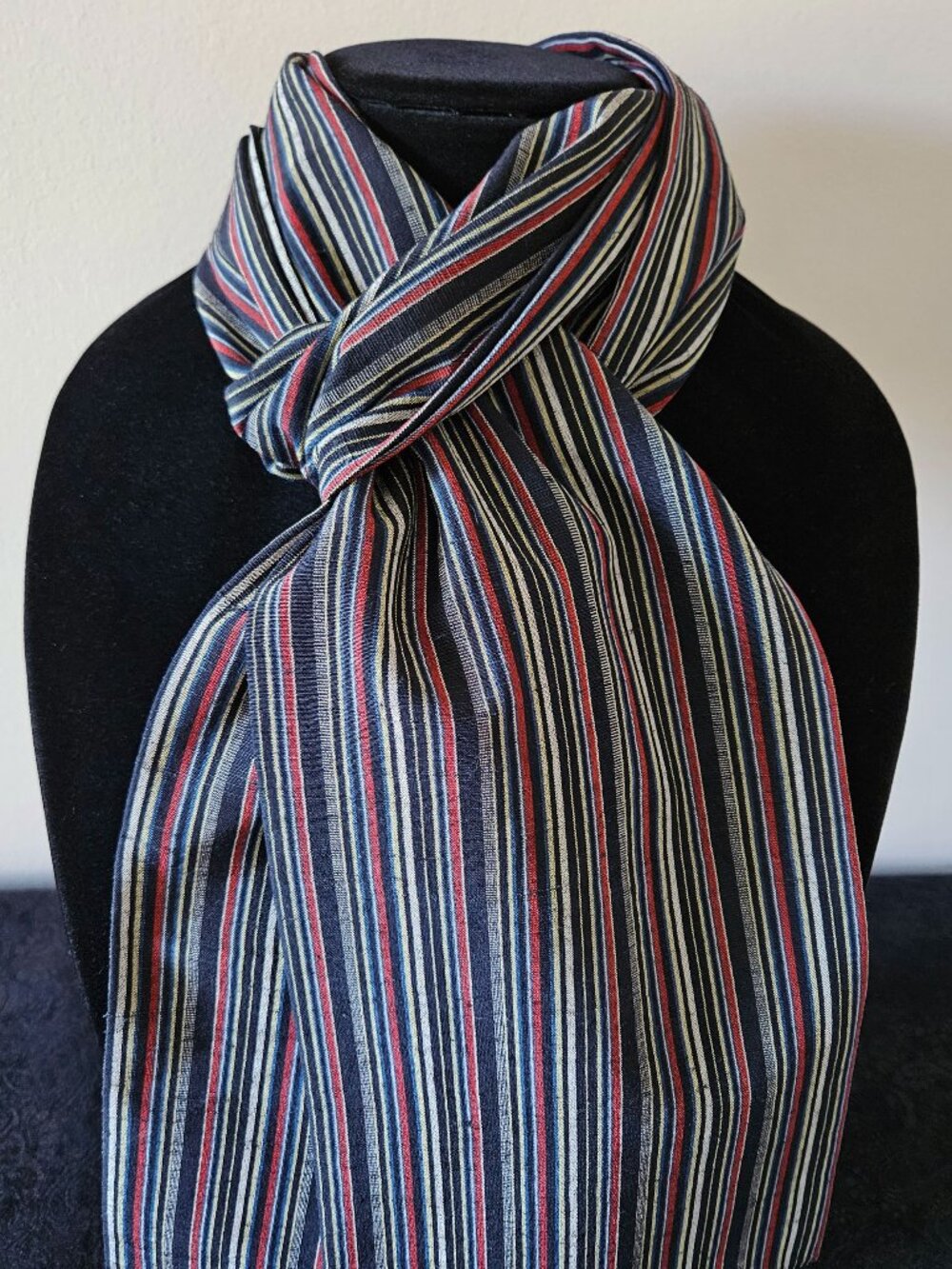 Japanese Kimono Scarf S4555 - Black, Red and Grey Striped Wool